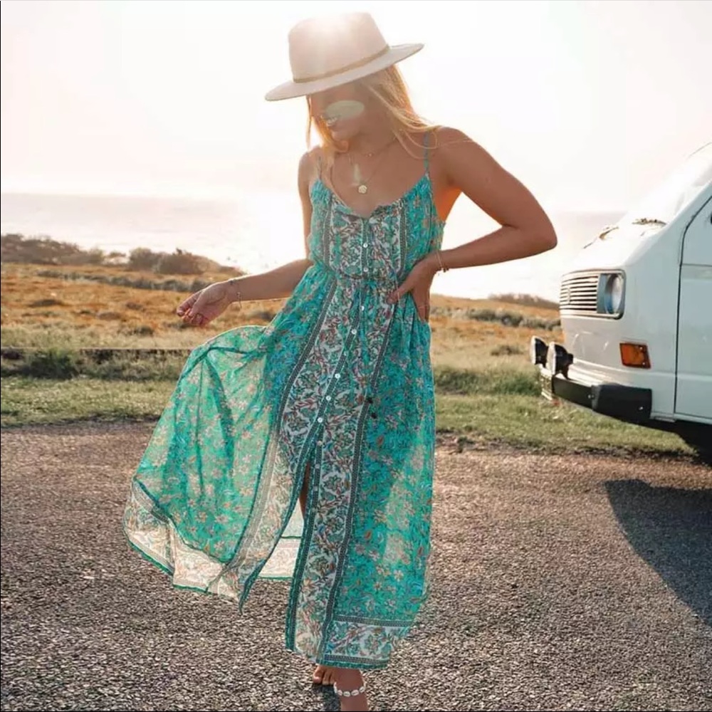 Gypsy Boho Floral Button Up Midi Dress Turquoise - Picture 2 of 7